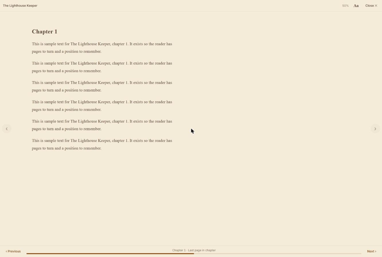 The useCalibre reader on a sepia page, showing a chapter with page controls and reading progress.